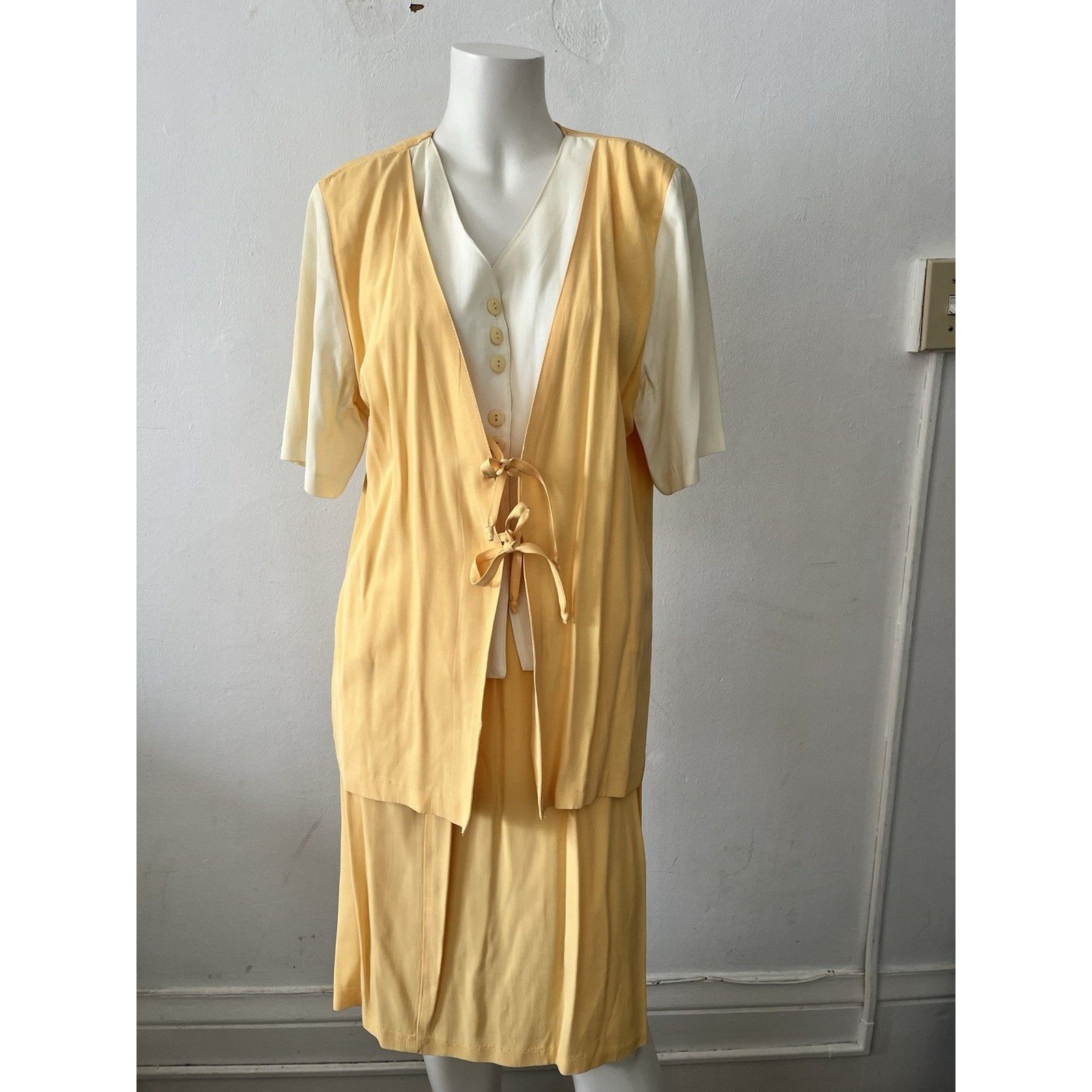 Vintage 80s Joanie W Size 12 Orange Butter Yellow Vest Top Skirt Suit Set